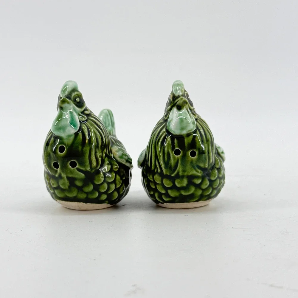 Rooster Chicken Hen Salt Pepper Shakers Green Ceramic Drip Glaze Set Intricate